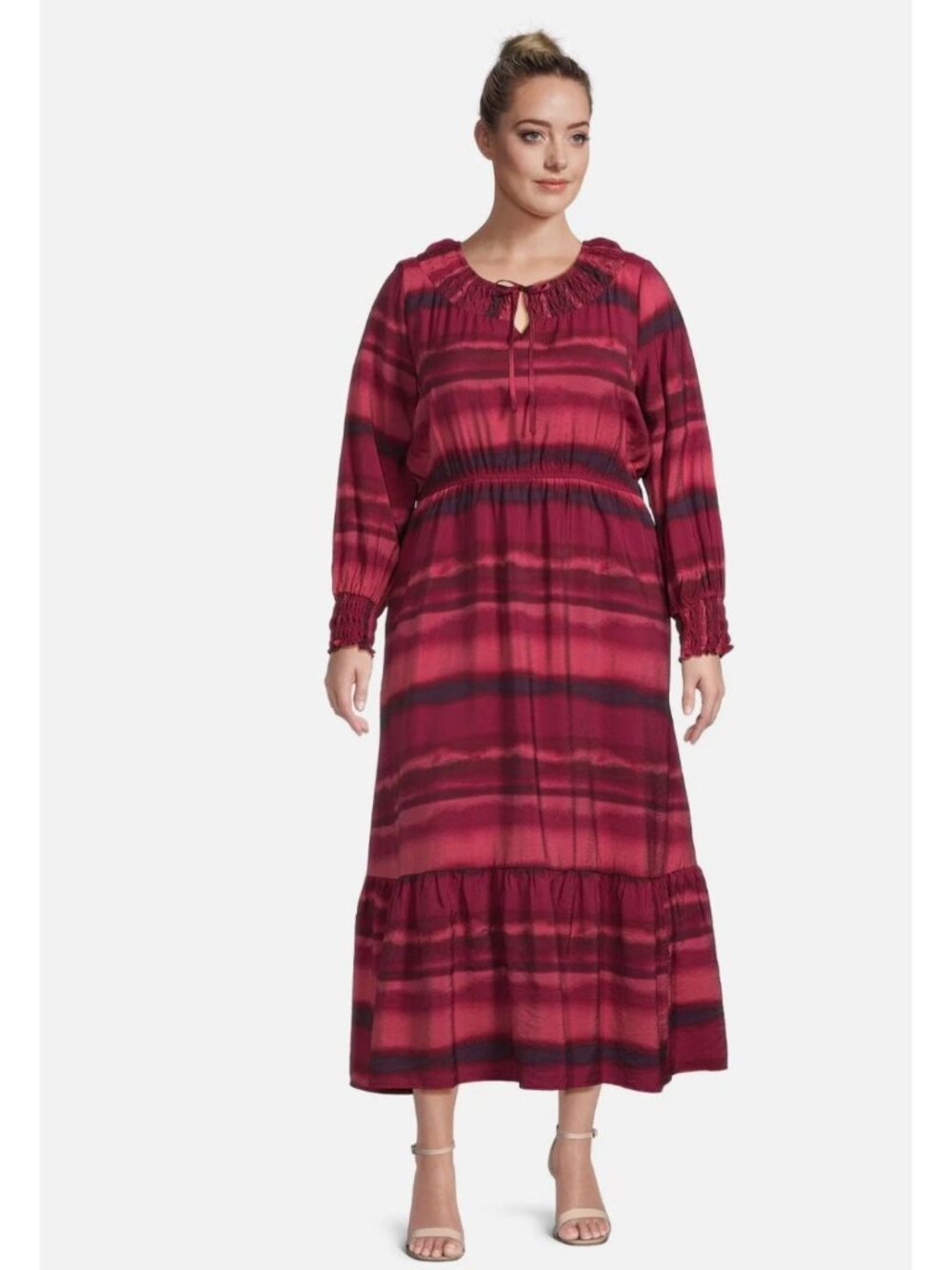 Red Purple Coral Tiered Peasant Maxi Stripe Dress Long Sleeve Pockets 2X 20W-22W